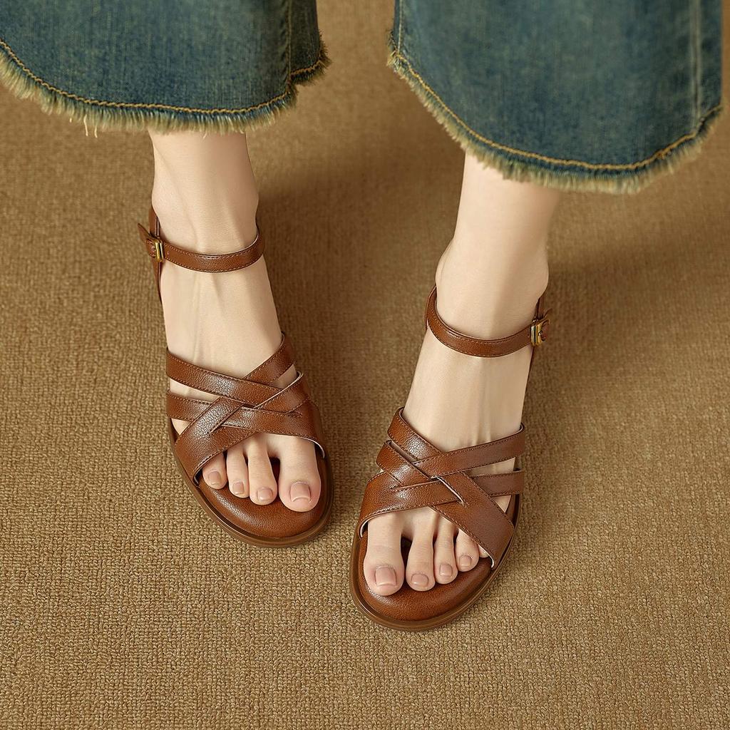 Krazing Pot Cow Skin Thick Med Heels Peep Toe Summer Size 42 Brand Shoes Street Wear Gladiator Elegant Women Sandals