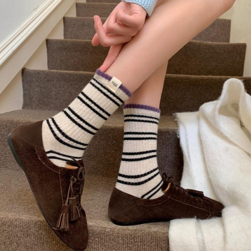 Korean Egg Cloth Label Warm Striped Socks Sheep Wool Mid-Leg Socks Women Versatile Atmosphere Stacked Socks