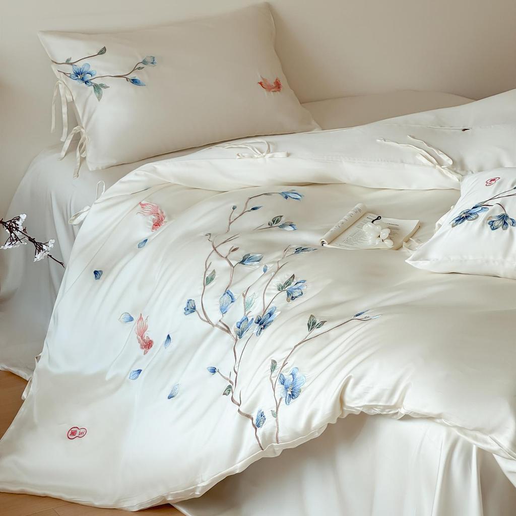 Summer Orchid Tencel Four-Piece Silk Smooth Bedding Set with Embroidered Duvet Cover