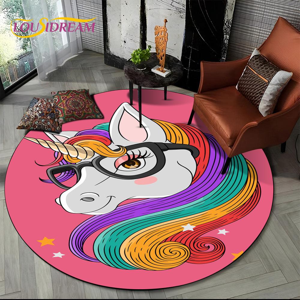 3D Cute Unicorn Cartoon Girl Gift Round Carpet Rug for Living Room Bedroom Child Playroom Decor,Pet Area Rug Non-slip Floor Mat