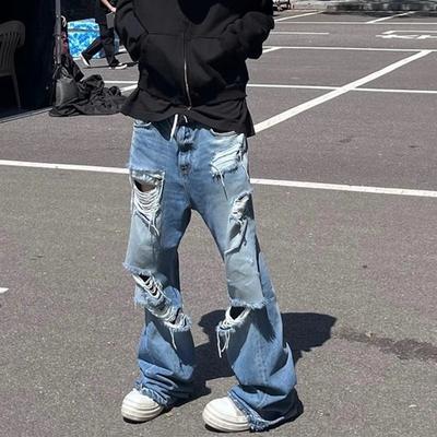 DRIPX Used Vintage Loch Gerissen Blaue Schlagjeans Hose für Männer und Frauen Streetwear Lässig Baggy Denim Hose Übergroße Cargohose