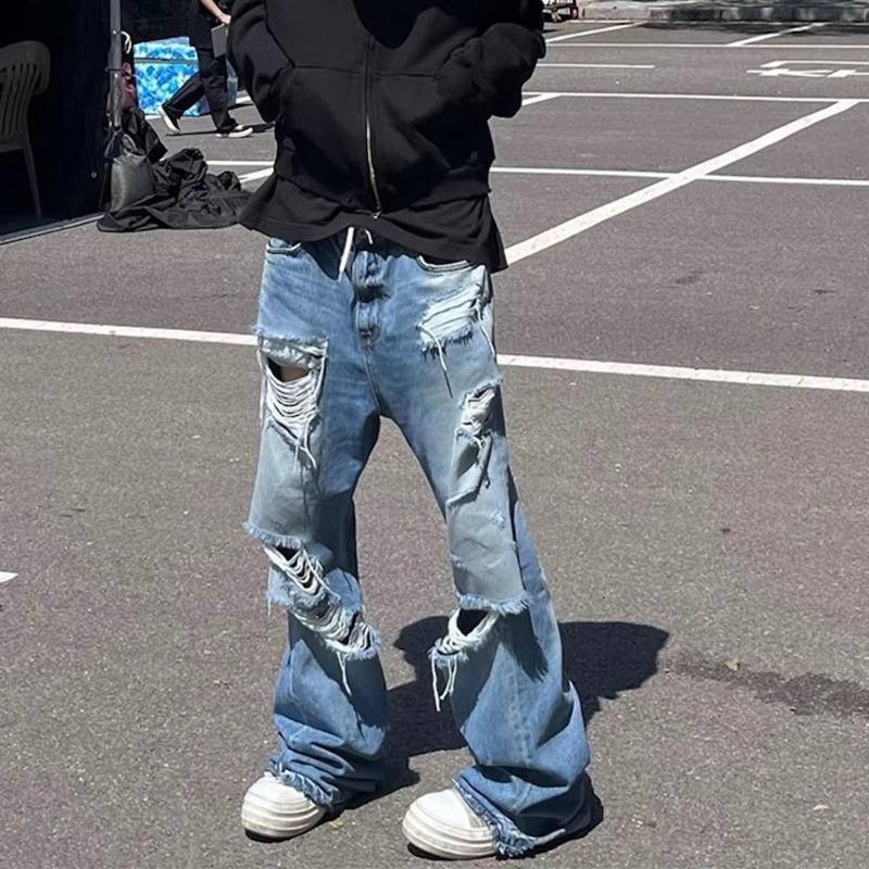DRIPX Distressed Vintage Hole Ripped Blue Flare Jeans Pants for Men and Women Streetwear Casual Baggy Denim Trousers Oversized Cargos
