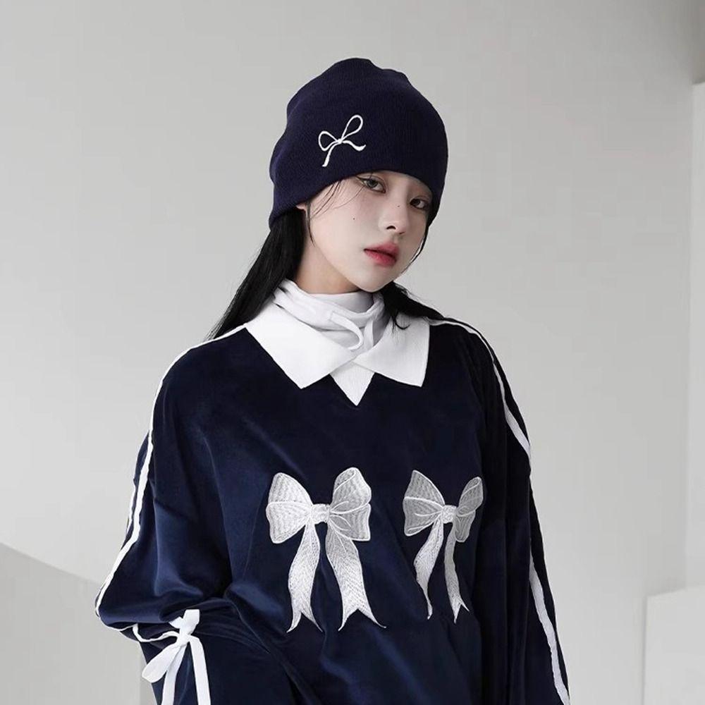 Warm Embroidery Bow Knitted Hat Bowknot Beanies Casual Knit Cap  Apparel Accessories
