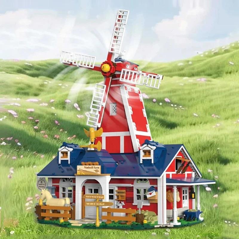 1810PCS Windmill Farm Building Blocks Toys With Light Blades Able Rotate Desktop Ornament Assembly Bricks Model Birthday Gifts