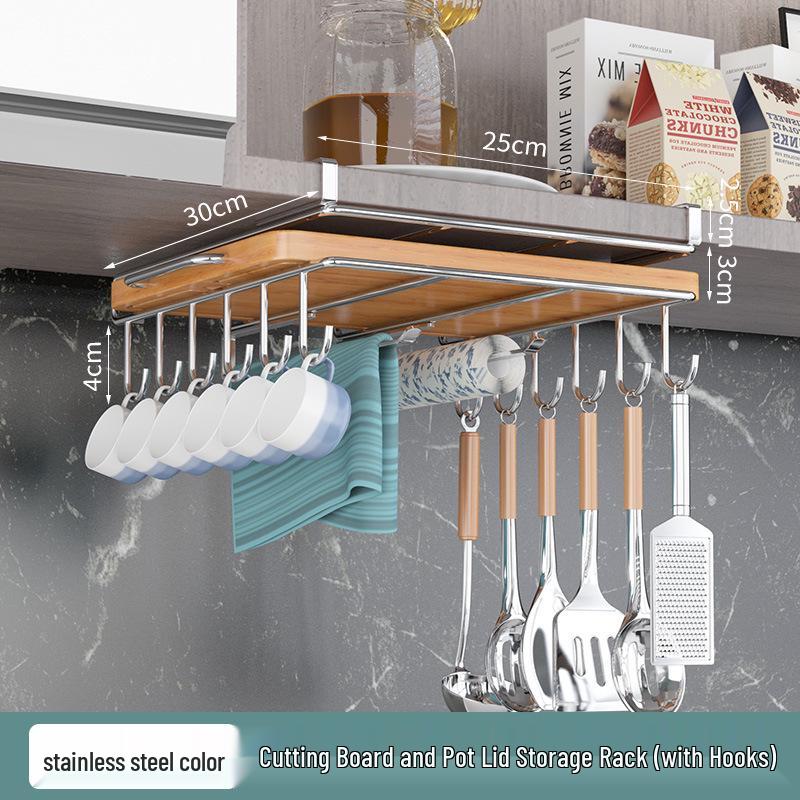 Multifunctional Under-Cabinet Storage Rack with Hooks for Pot Lids and Cutting Boards