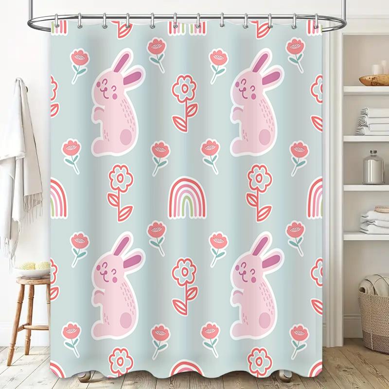 Cute Bunny Rabbit Shower Curtain with Flowers Rainbow Design Waterproof Fabric for Bathroom Decor in Light Blue Color (Size: 72x
