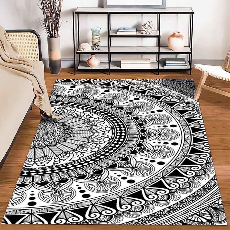 Mandala Pattern Black and White Rug Non-slip rug suitable for living room and bedroom sofas