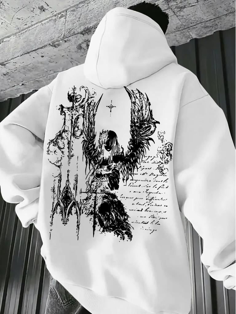 Occult‑goth Men Hoodie Fashion Back‑grunge‑wing‑maiden‑gothic‑script Decor Print Pullover For Soft Relaxed Casual Street Wear