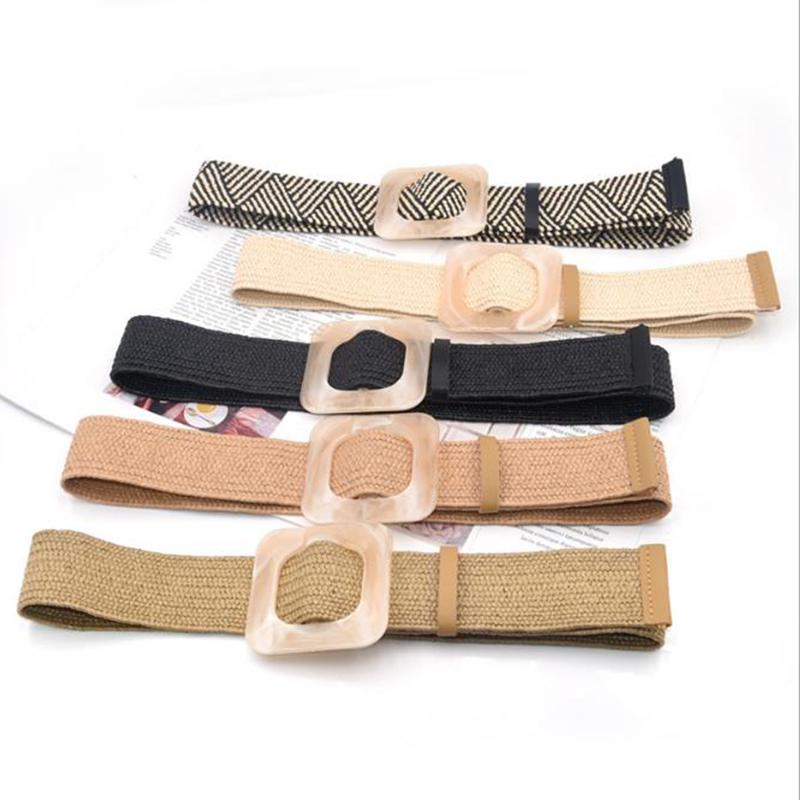 Summer Women Braided Belt Square Wooden Buckle Vintage Boho Straw Woven Belt