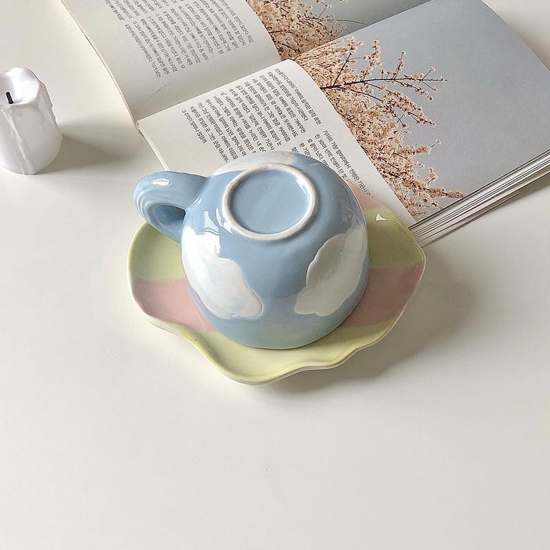Korean Girl's Heart Lovely Coffee Cup Dish Mug Latte Flower Hand Drawn Blue Sky White Cloud Cup For Home