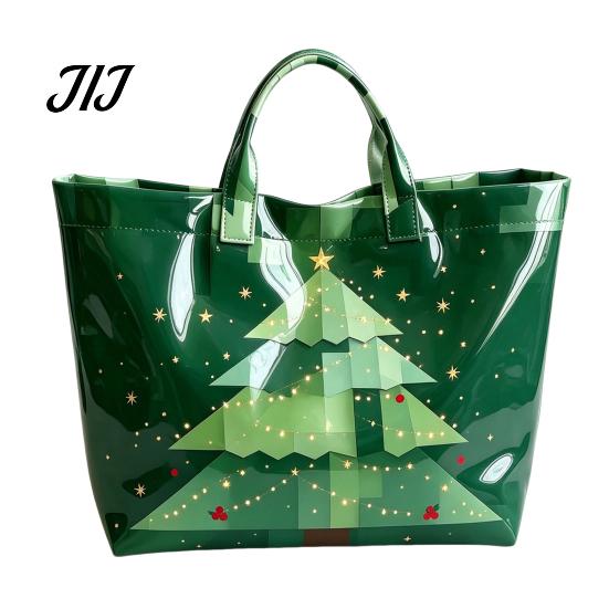 Christmas Theme Travel Bag PVC Tote for Women, Waterproof Spacious Plastic Handbag, Holiday Seasonal Handbag Large Top Handle Shopping, Beach, Travel,