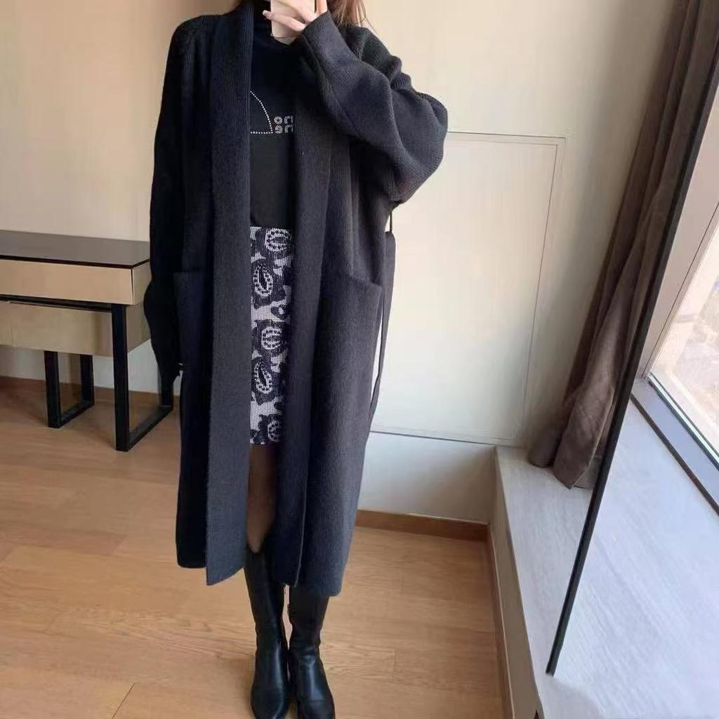 Premium sweater cardigan women's autumn and winter medium and long loose knitted jacket loose lazy bathrobe lace-up coat