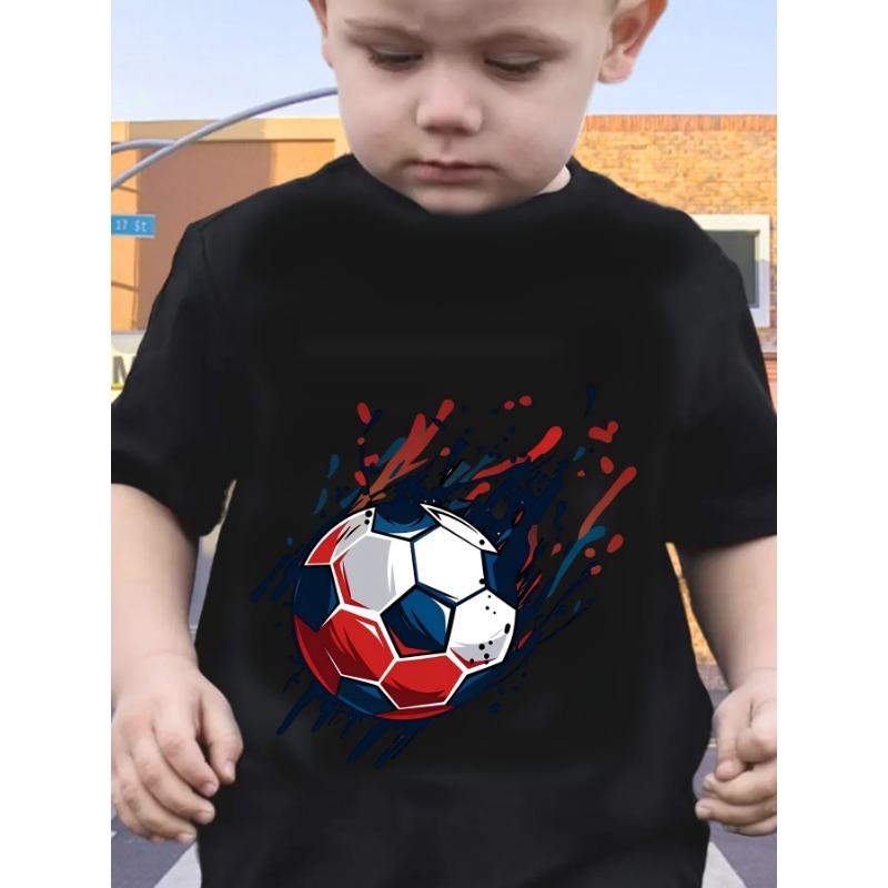European Sizes Boy Fashionable Cartoon "Soccer" Graphic Print T-Shirt Top for Kids Summer Casual Round Neck Short Sleeve Shirt
