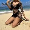 Women Summer Beach Cover Up Hollow Out Long Sleeves Slim Fit Low Cut V Neck Backless See Through Bikini Beach Mini Dress Beach Mock