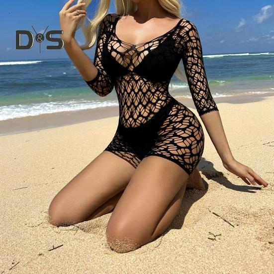 Women Summer Beach Cover up Hollow Out Long Sleeves Slim Fit Low cut V Neck Backless See through Bikini Beach Mini Dress Beach Mock