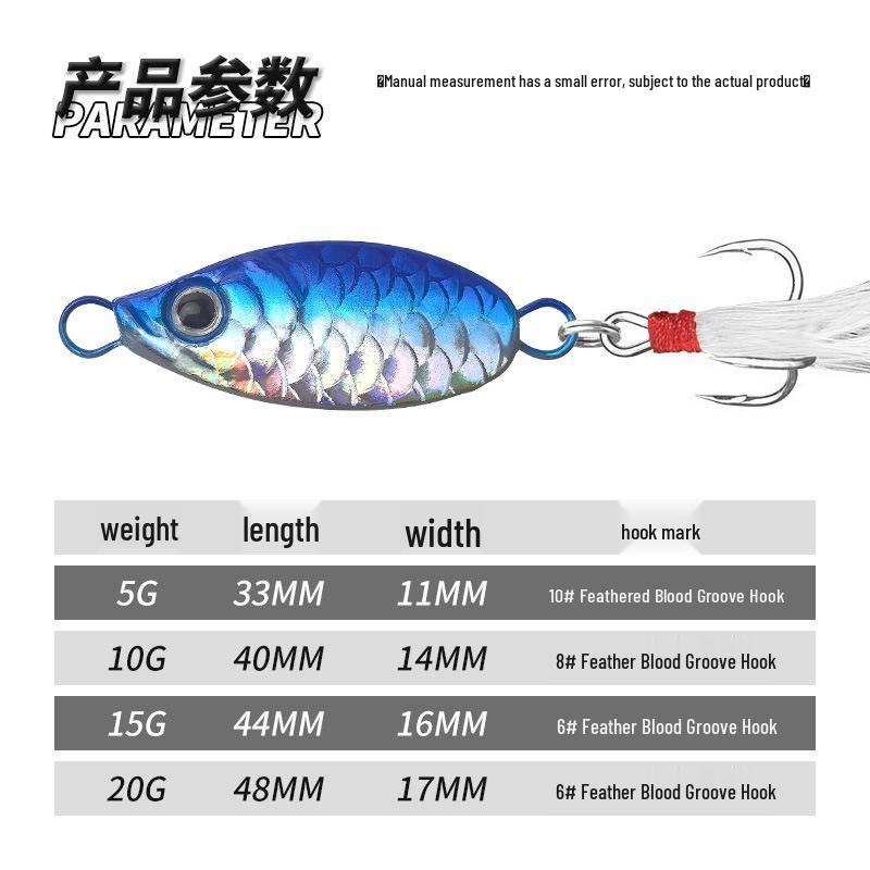 Blue Fish Scale Long Cast Iron Plate Bait with Feathered Hook for Sea Fishing, 5g-20g