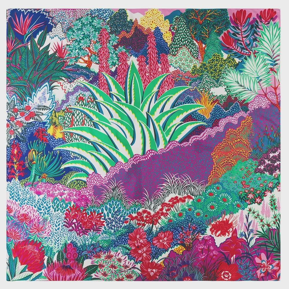 "New European and American Jungle Floral Bird Print 130cm Silk Twill Satin Square Scarf Shawl"