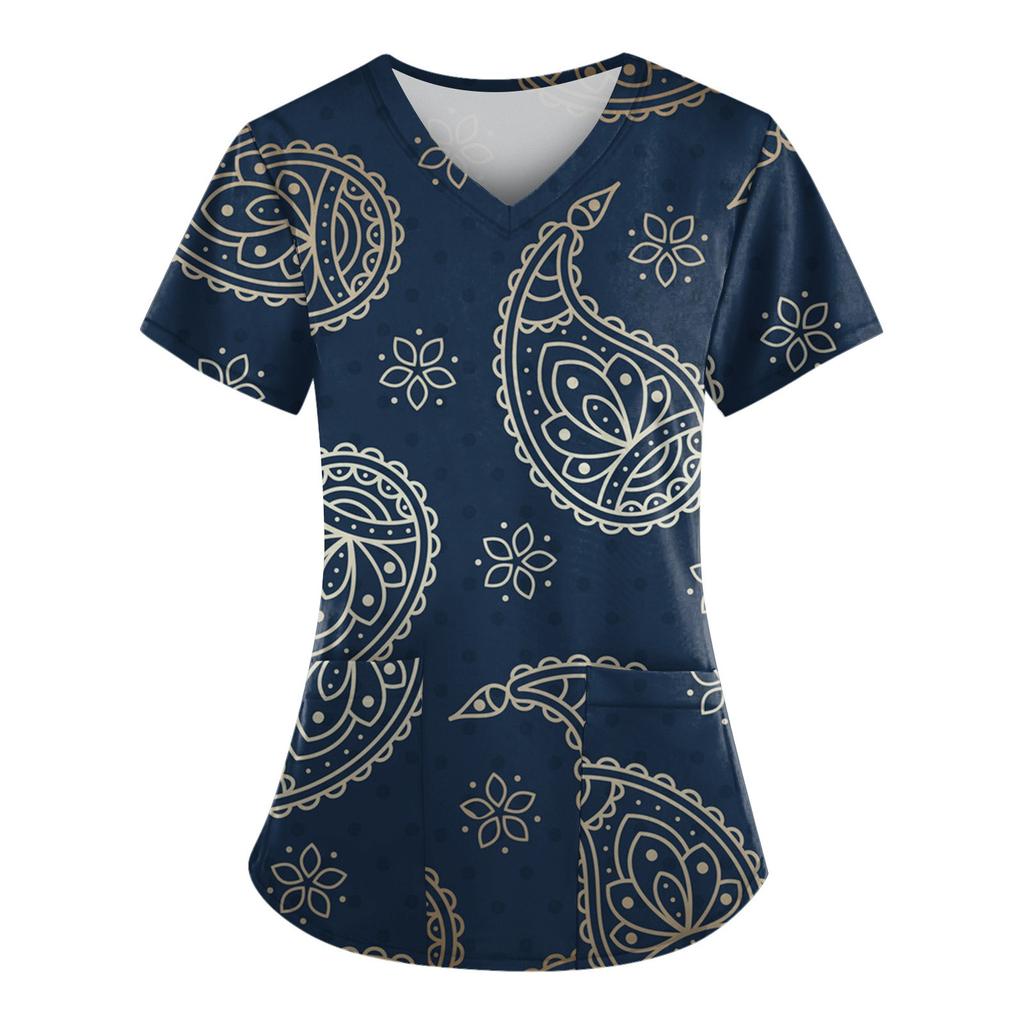 Frauen Mode Frühjahr Und Sommer Ölgemälde Druck V-ausschnitt Kurzarm Arbeitskleidung Mit Taschen Tops