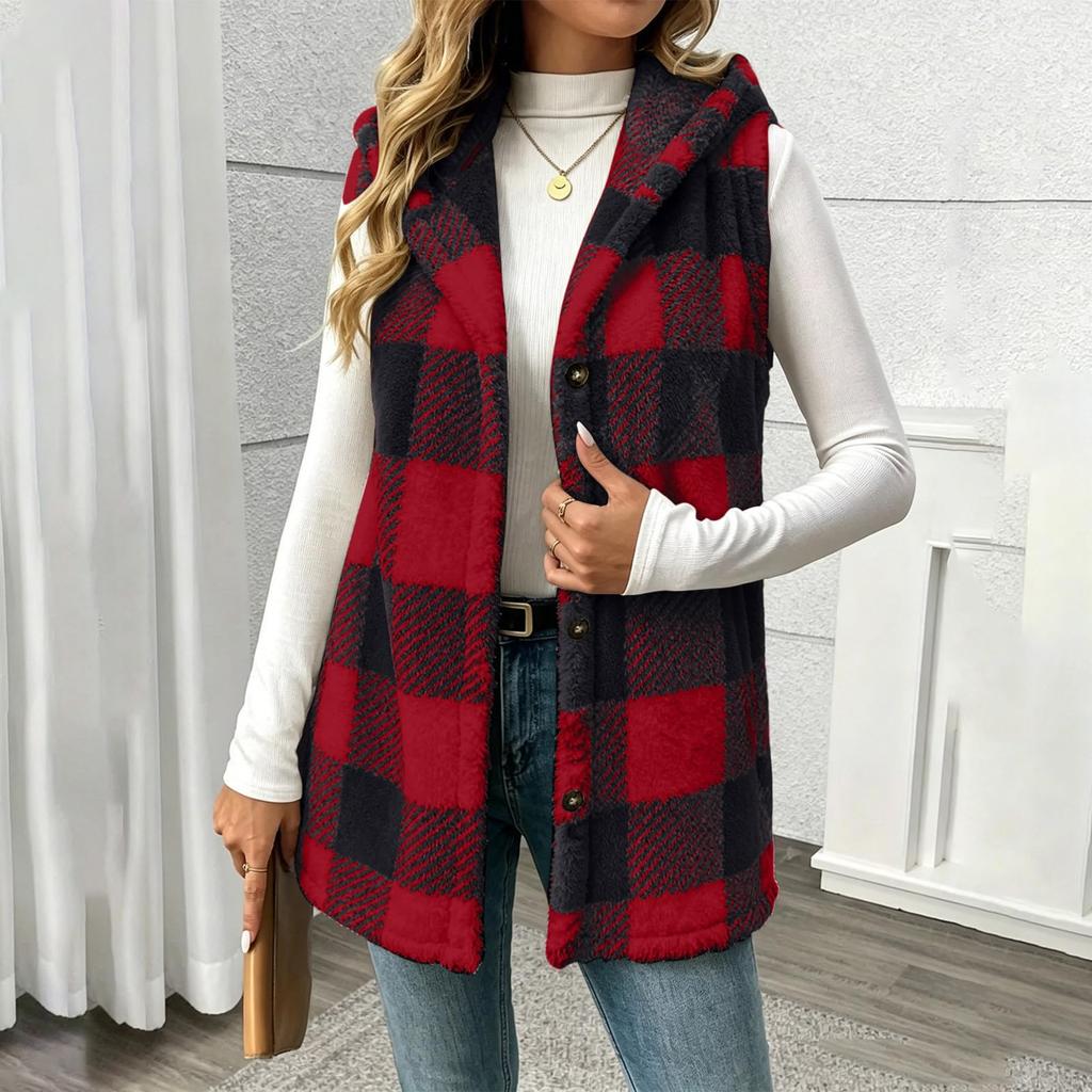 Women's Fashion Plaid Hooded Button-Front Vest Jacket