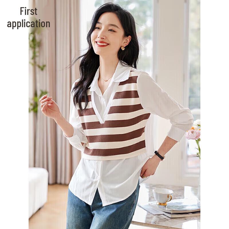 Women s Striped Mock Two-Piece Long Sleeve Shirt M