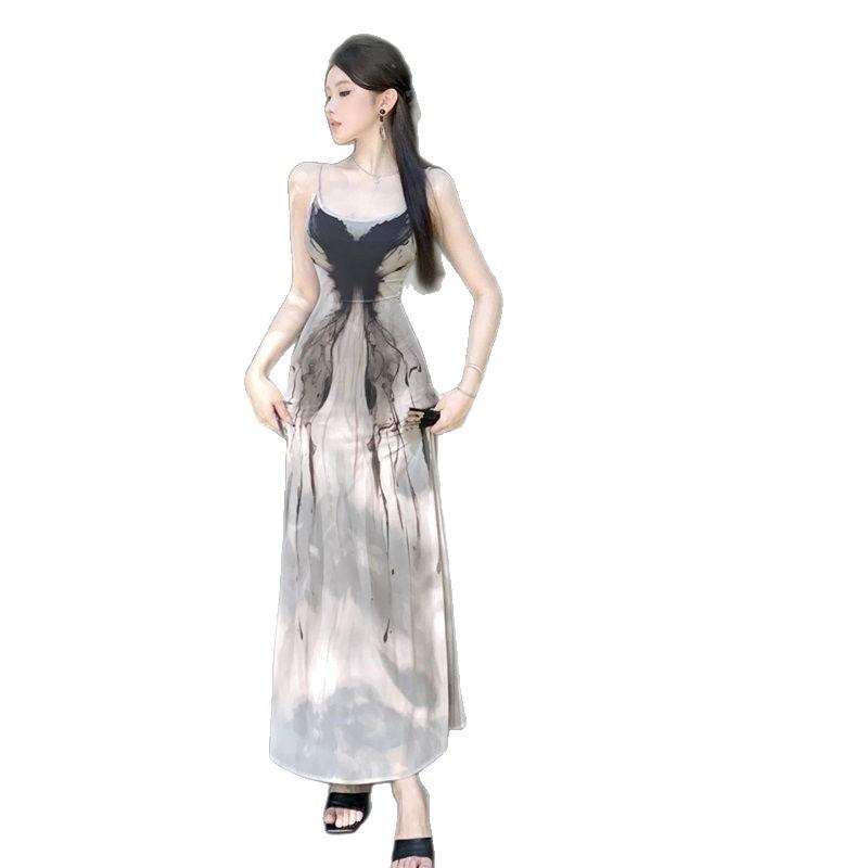 French High-end Temperament Cutting Hand-painted Ink and Wash Butterfly Dress Women's Light Luxury Spice Girl Suspender Long Dress A-shaped Skirt