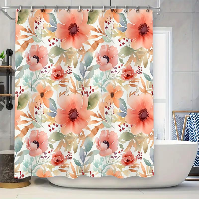 

Watercolor Floral Shower Curtain Coral Pink Red Green White Bath Decoration With Rings For Home Bathroom Decorations W60H190(CM)-1 Pcs
