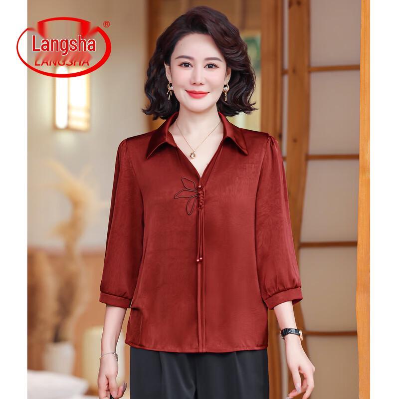 LangSha Mid-Aged Women s Elegant Seven-Sleeve Blouse 4XL