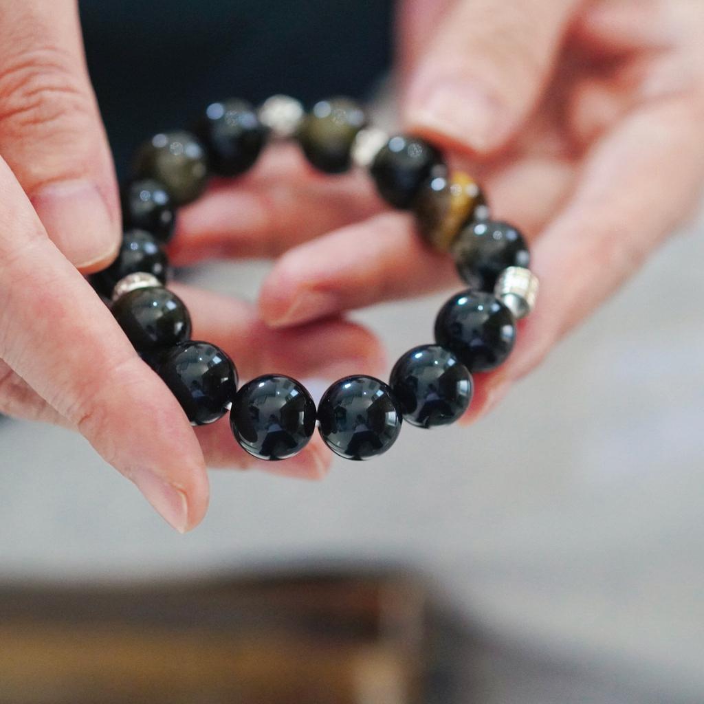 12Mm Large Particle High Quality Natural Tiger Eye Stone Obsidian Design Bracelet Bracelet