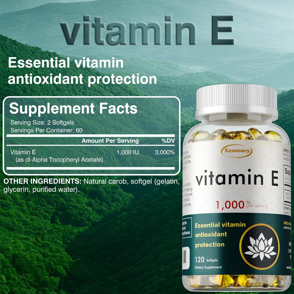 Kapsle s extraktem vitamínu E ve vysoké čistotě, zcela přírodní, bez lepku, 120 kapslí, vhodné pro dospělé.