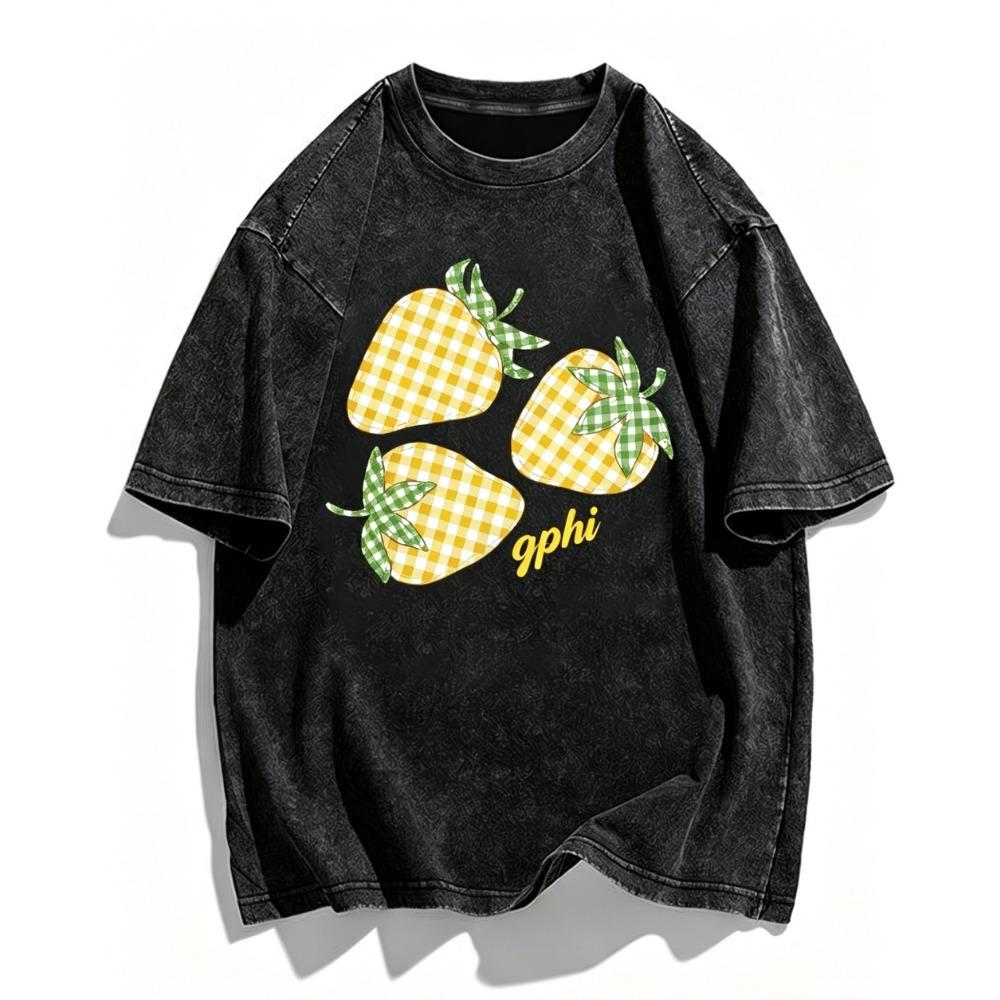 Checkered Strawberry Print T-Shirt Washed Cotton Acid Wash Graphic Tee Retro Fruit Design Top Fashionable Casual Unisex Shirts Daily Wear Cool Top