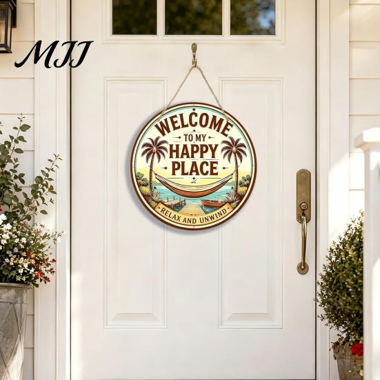 Natural Hemp Rope Sign Hello Summer Door Sign, Spring Beach Flowers Welcome Wooden Round Hanging Decor Front Plaque for Wall, Outdoor Porch