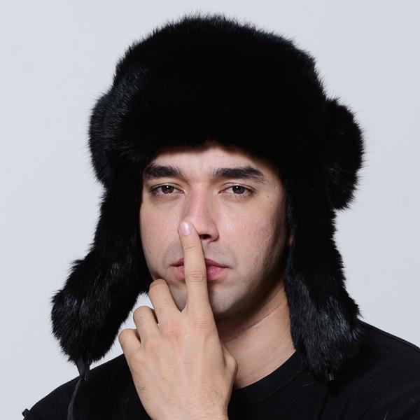 

Меховая шапка мужская толстая теплая бомбер из натурального кроличьего меха ушанка зимняя теплая шапка-ловушка с ушками One Size чёрный