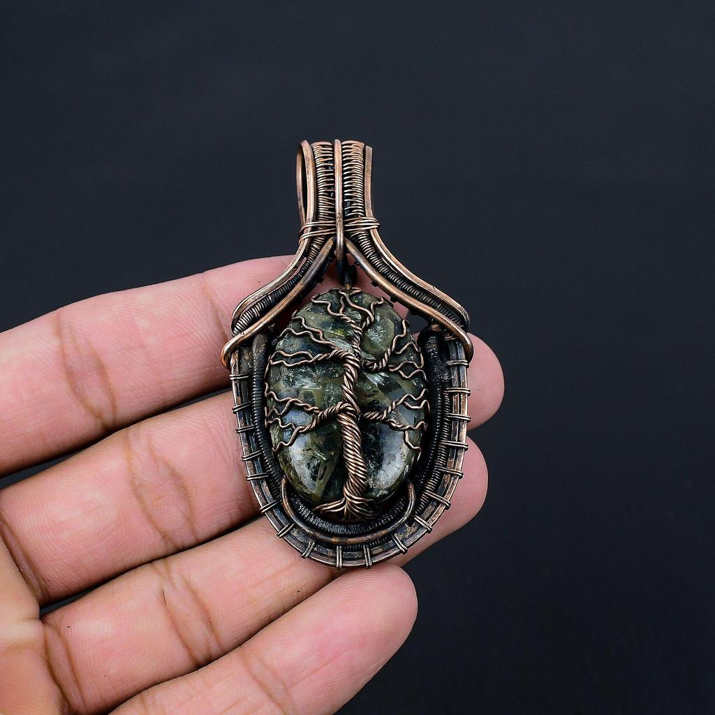 Tree Of Life Copper Seraphinite Gemstone Pure Copper Wire Wrapped Handmade Pendant Jewelry For Her