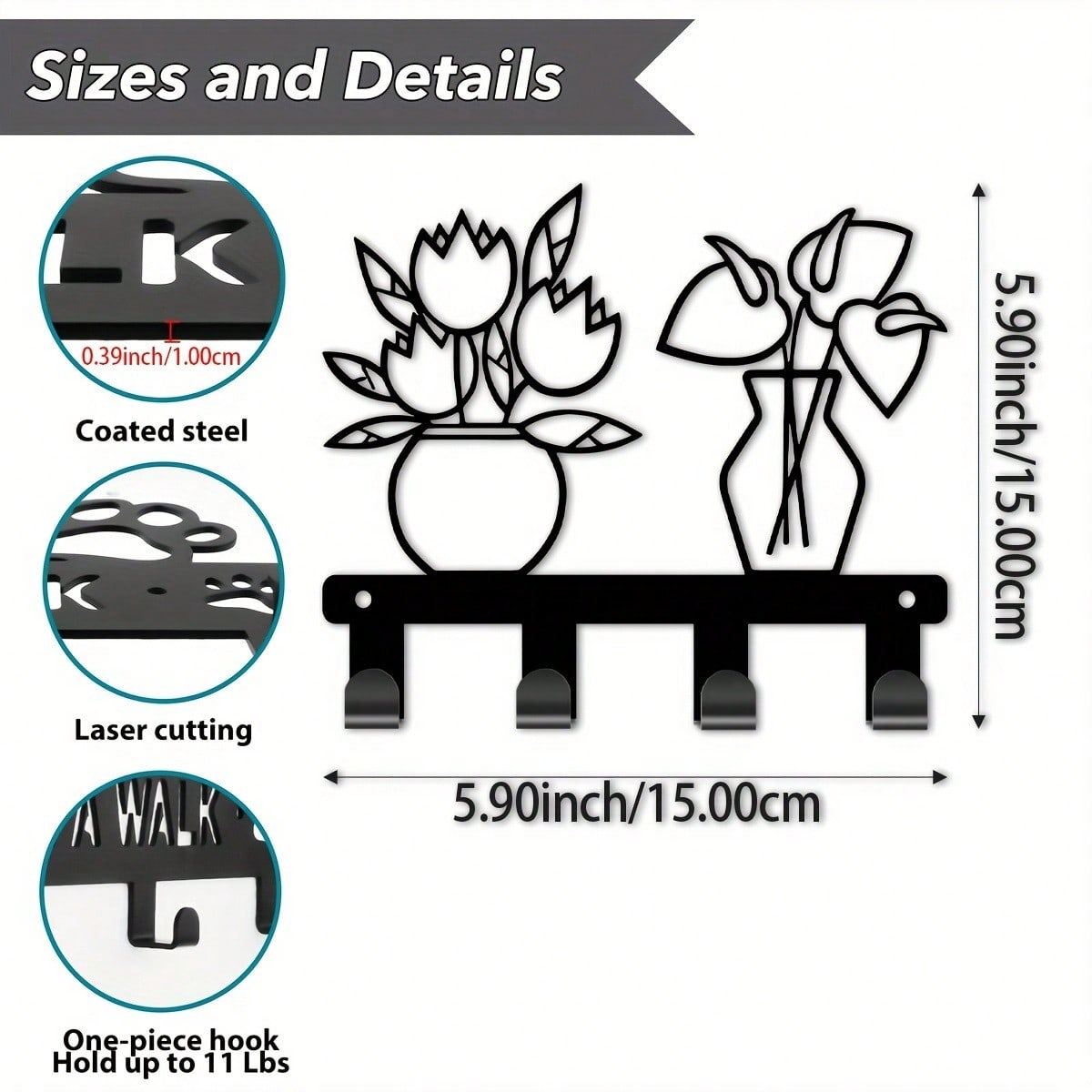 

Metal Key Hanger Wall Mount, 4 Hook Vintage Floral Design for Keys Bags Decor Home Office TY-101070