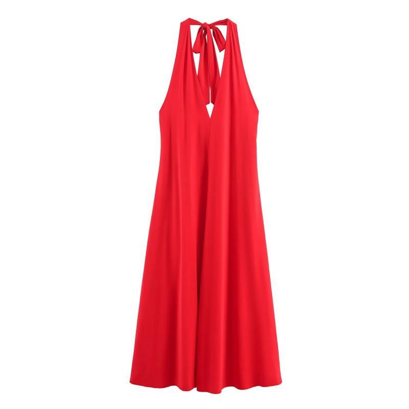 European American Women s Clothing Summer Fashionable Backless V-neck Hanging Neck Collar Dress S красный