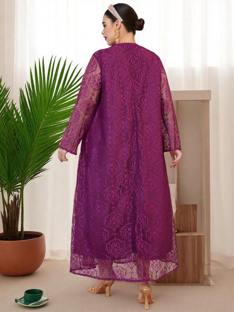 Plus Size V-neck Lace Dress with Sequin Embroidery - Flattering, Loose-Fit Muslim Formal Attire