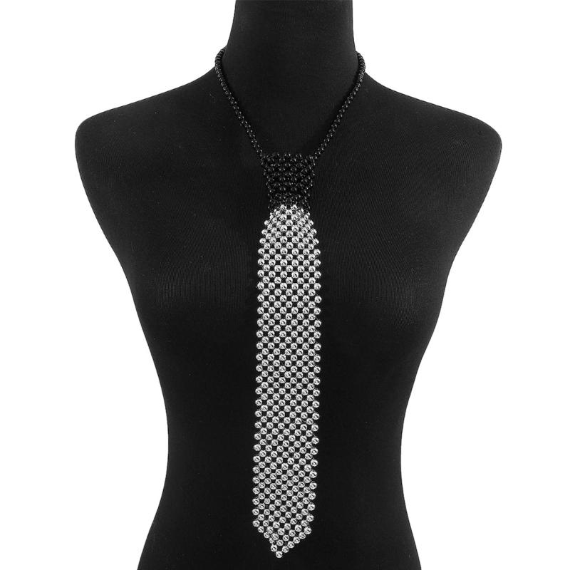 Elegant Tie Necklace with Sparkling Pearls for Formal Occasion Uniform Tie Punk Jeweled Necktie