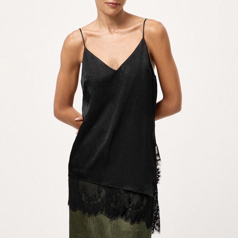 Summer V-Neck Lace Splicing Camisole For Women Elegant Trim Satin Cami Top Spaghetti Strap Shirt Tops