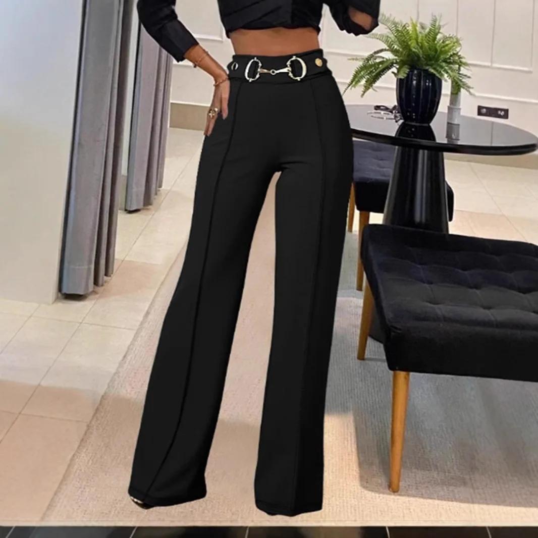 

Fashionable High-Waisted Metal Buckle Decorated Solid Color Women s Straight-Leg Trousers New Style Independent Station Clothing XL чорний