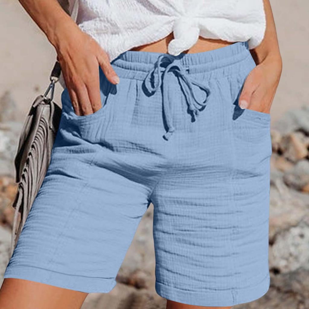 Pants For Women Casual Summer Solid Color Elastic High Waist Cotton And Linen Loose Pants Drawstring Pocket Mid Leg Pants