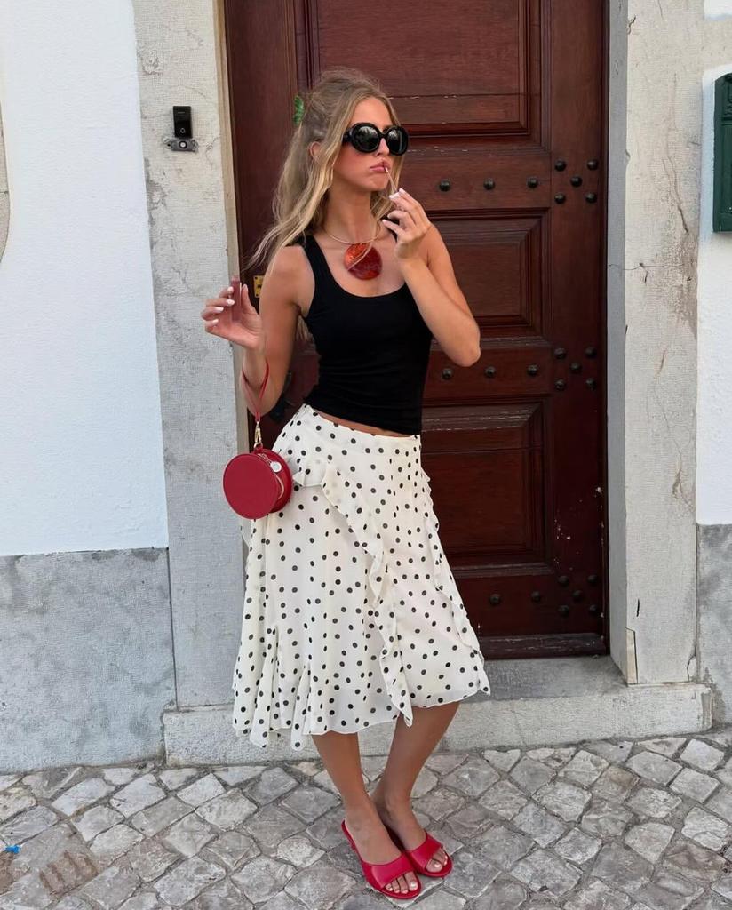 2025 Autumn/Winter European & American Ruffle Polka Dot Maxi Skirt for Women