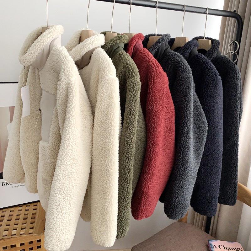 Japanese Couples' Style Stand Collar Lamb Wool Coat - Women's Autumn/Winter, Loose Fit with Pocket & Zipper.