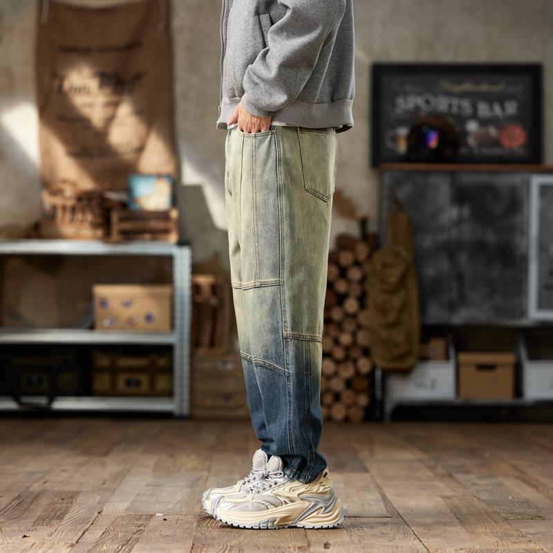 High street tooling trend heavy men's jeans American retro old trousers loose gradual change denim casual trousers