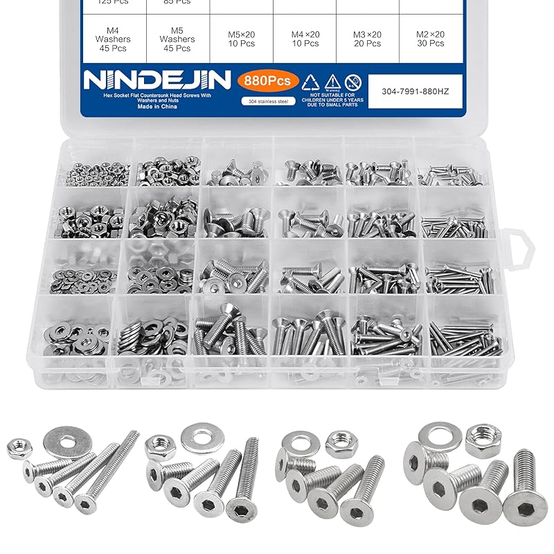 NINDEJIN Metric Button Head Socket Cap Screw Bolts & Flat Washers & Nuts Assortment Kit M2 M3 M4 M5 Stainless Steel Machine Screws Set and Wrench,
