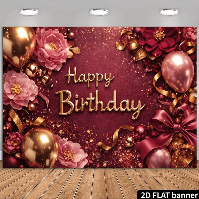 

2D Luxury Burgundy Gold Birthday Backdrop Banner Floral Ribbon Party Decor Background 47.2x31.5inch/120*80cm