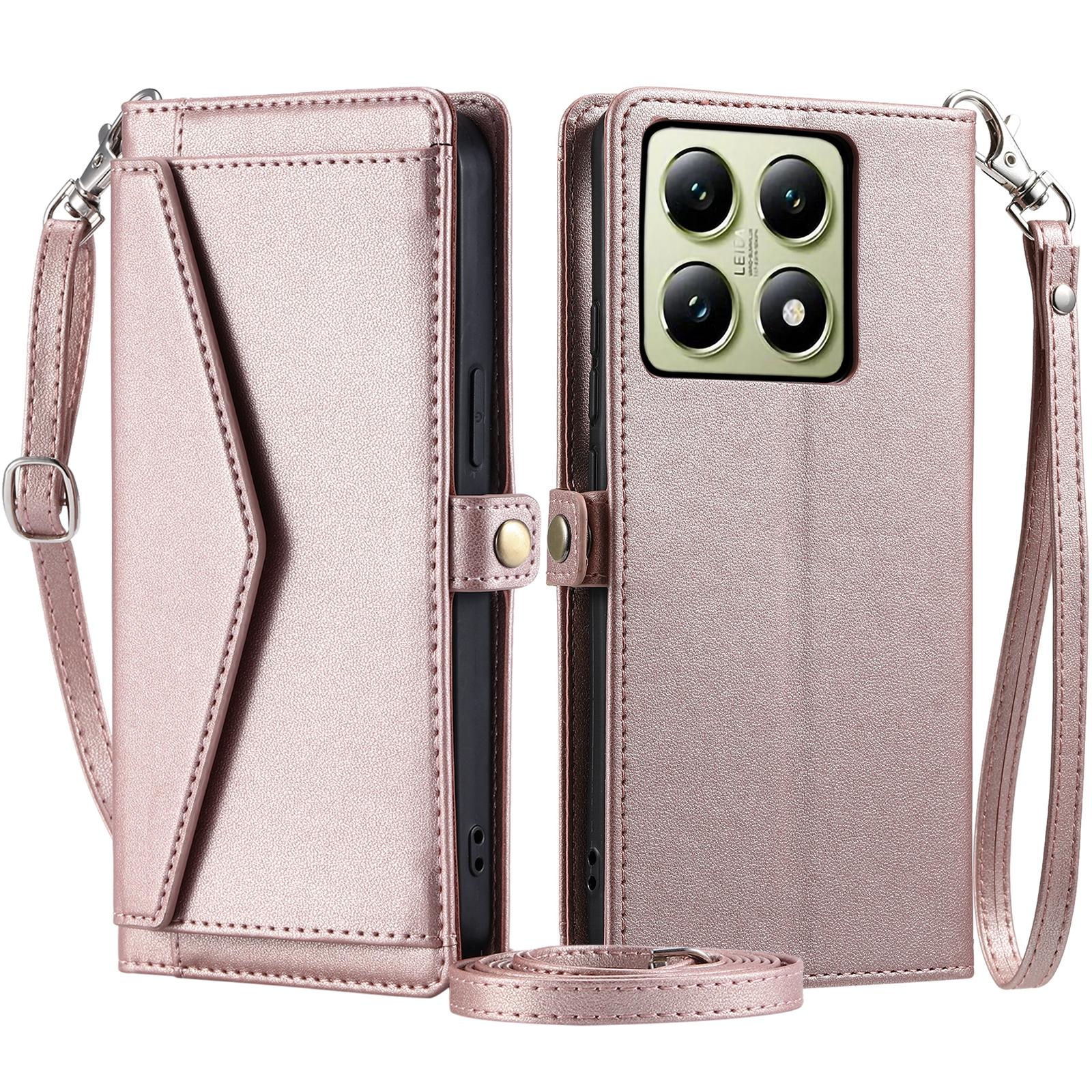 

Шкіряний чохол-гаманець-підставка для телефону Xiaomi 14T Pro з ремінцями Rose Gold