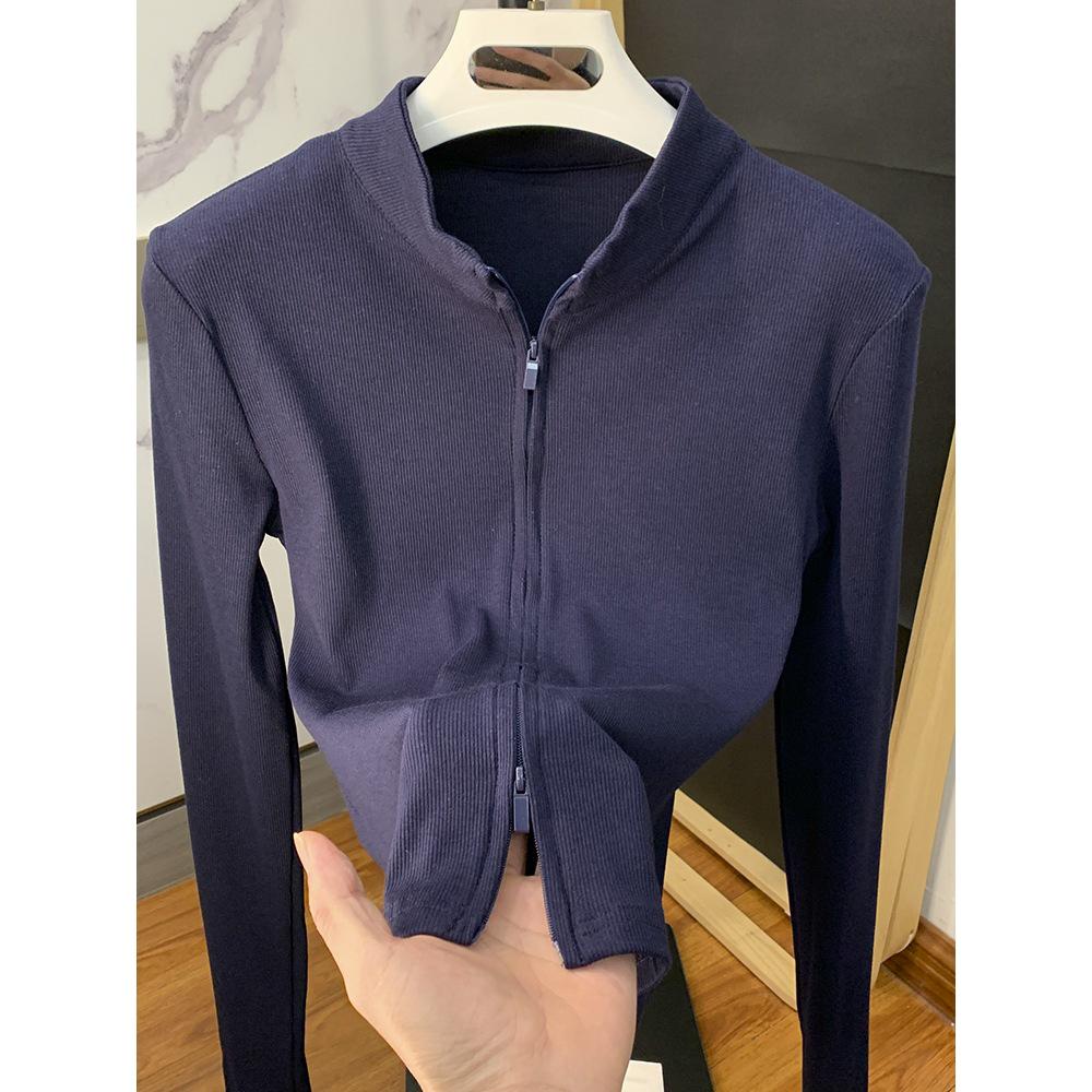 Women's Slim Fit Double Zipper Stand Collar Jacket - Spicy Girl Long Sleeve Sporty Casual Autumn/Winter Top