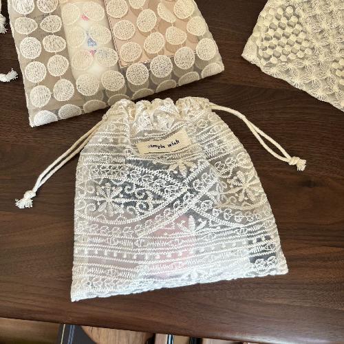 French Retro Literary Lace Cotton Embroidery Drawstring Small Cloth Bag Single-layer Thin Beam Mouth Storage Bag