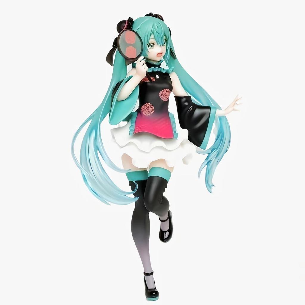 Hatsune Miku Anime Girl Figures Chinese Style Cheongsam Standing Posture with a Fan In Hand Figurines Doll Model Kids Toys Gifts