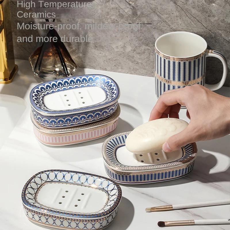 Nordic Soap Holder Stripes Perforated Soap Dish Ceramic Household Drain Soap Box Washstand Gargle Cup Bathroom Accessories